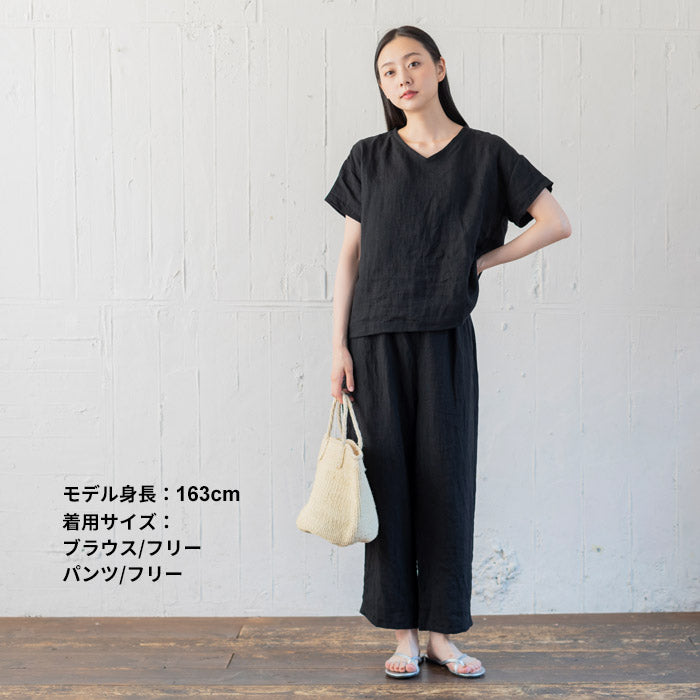 [パジャマレディース半袖ルームウェア上下セット]フレンチリネン100%Vネックプルオーバー+ペチパンツ2点セット/日本製メール便可40代50代60代30代女性ファッション部屋着夏麻100リネン100％涼しい速乾抗菌