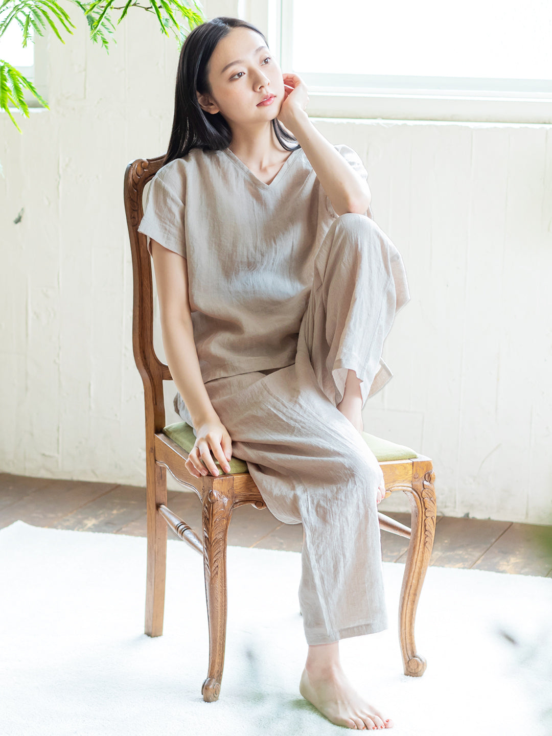 60番手 フレンチリネン100% ルームウェアセット Vネックプルオーバー+ペチパンツ