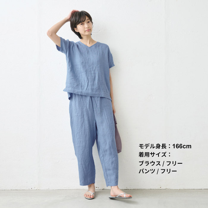 [パジャマレディース半袖ルームウェア上下セット]フレンチリネン100%Vネックプルオーバー+ペチパンツ2点セット/日本製メール便可40代50代60代30代女性ファッション部屋着夏麻100リネン100％涼しい速乾抗菌