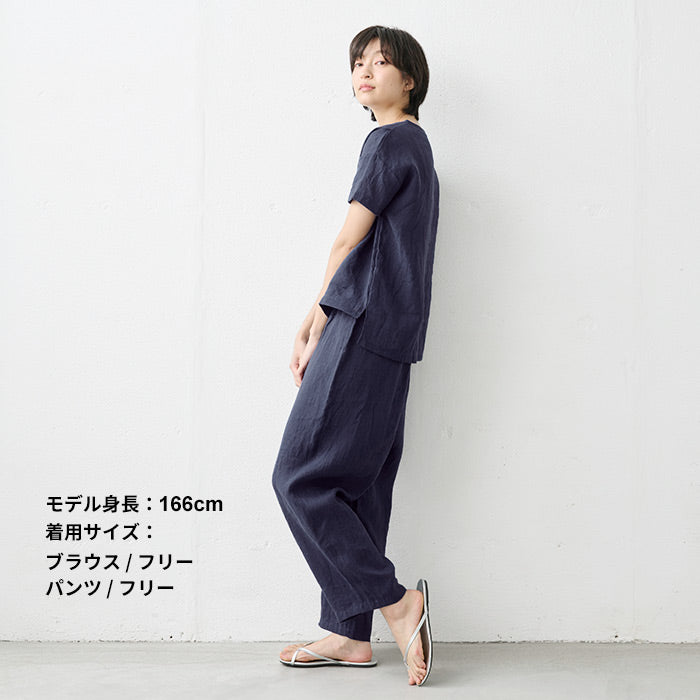 [パジャマレディース半袖ルームウェア上下セット]フレンチリネン100%Vネックプルオーバー+ペチパンツ2点セット/日本製メール便可40代50代60代30代女性ファッション部屋着夏麻100リネン100％涼しい速乾抗菌