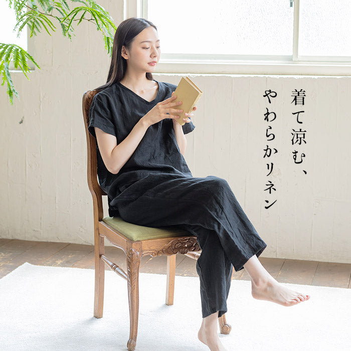 60番手 フレンチリネン100% Vネックプルオーバー + ペチパンツ