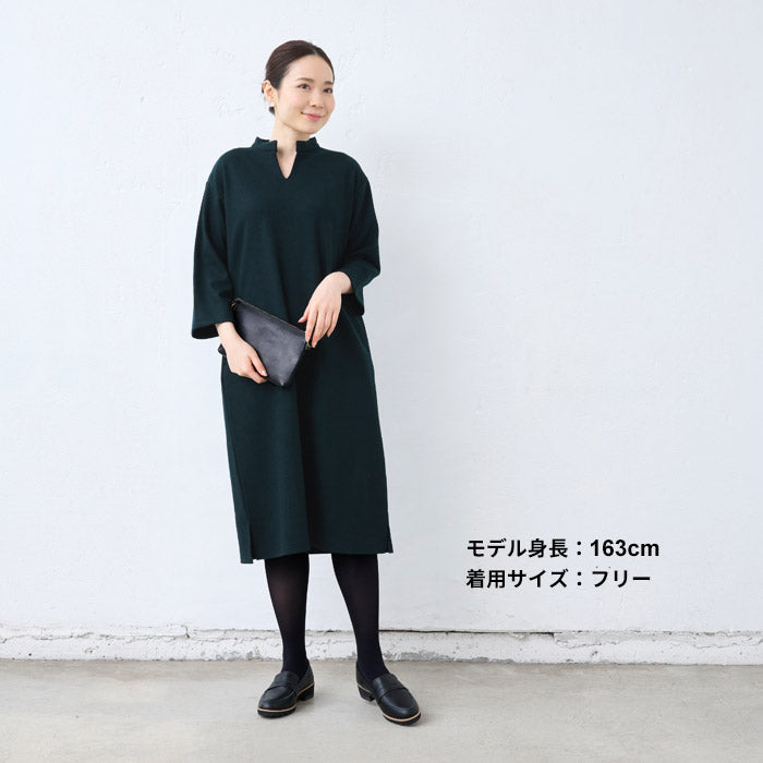 [ワンピース長袖きれいめフォーマル]圧縮ウール100%バンドカラーワンピース/日本製40代50代60代女性ファッションキーネックワンピウール黒紺ブラックネイビーシンプルナチュラルゆったりママ