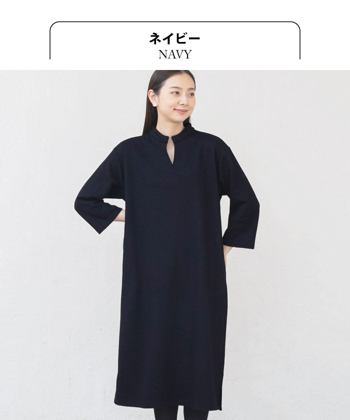 [ワンピース長袖きれいめフォーマル]圧縮ウール100%バンドカラーワンピース/日本製40代50代60代女性ファッションキーネックワンピウール黒紺ブラックネイビーシンプルナチュラルゆったりママ