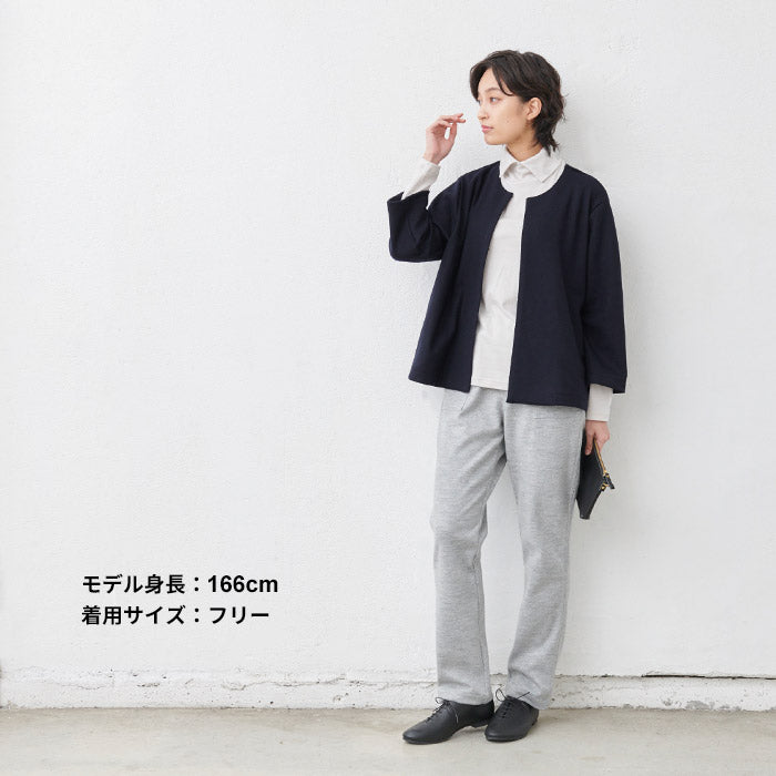 [ジャケットレディースノーカラー]圧縮ウール100%こなれジャケット/日本製40代50代60代女性フォーマルラフ楽紺黒入学式卒業式七五三母ママ仕事オフィスミセスウール大きめゆったりナチュラル冬秋