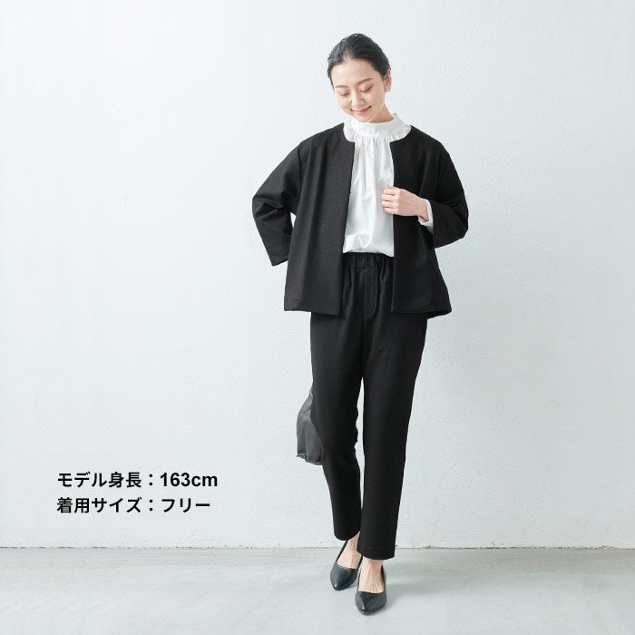[ジャケットレディースノーカラー]圧縮ウール100%こなれジャケット/日本製40代50代60代女性フォーマルラフ楽紺黒入学式卒業式七五三母ママ仕事オフィスミセスウール大きめゆったりナチュラル冬秋