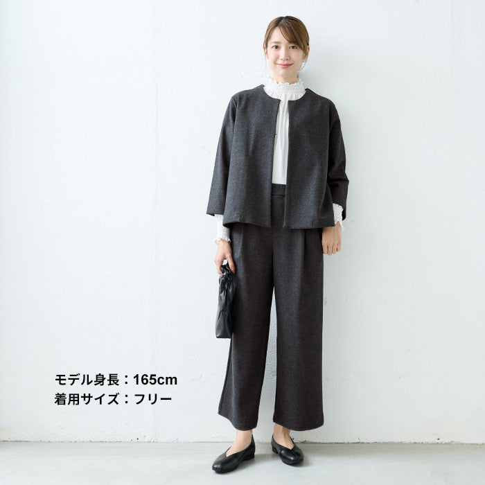[ジャケットレディースノーカラー]圧縮ウール100%こなれジャケット/日本製40代50代60代女性フォーマルラフ楽紺黒入学式卒業式七五三母ママ仕事オフィスミセスウール大きめゆったりナチュラル冬秋