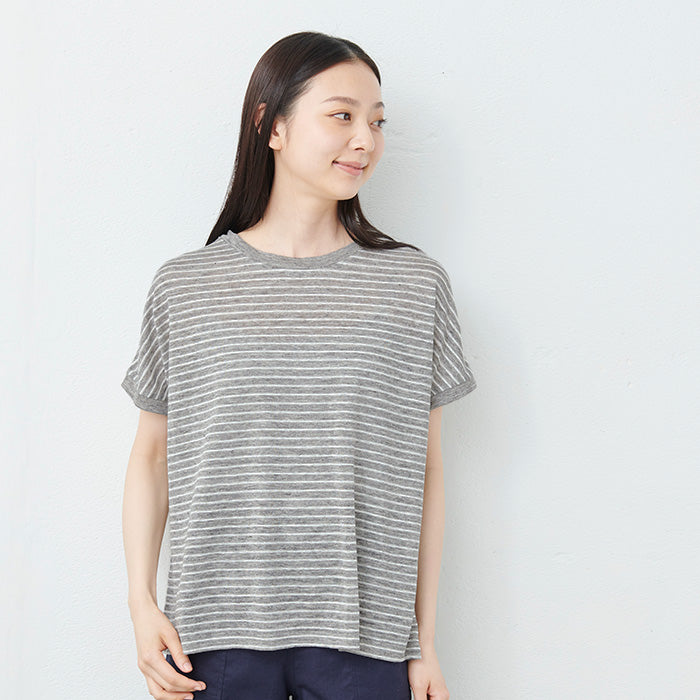 プレミアムリネン100%フレアTシャツ 杢グレー×ホワイト