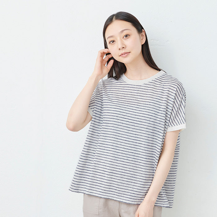 プレミアムリネン100%フレアTシャツ ホワイト×ネイビー