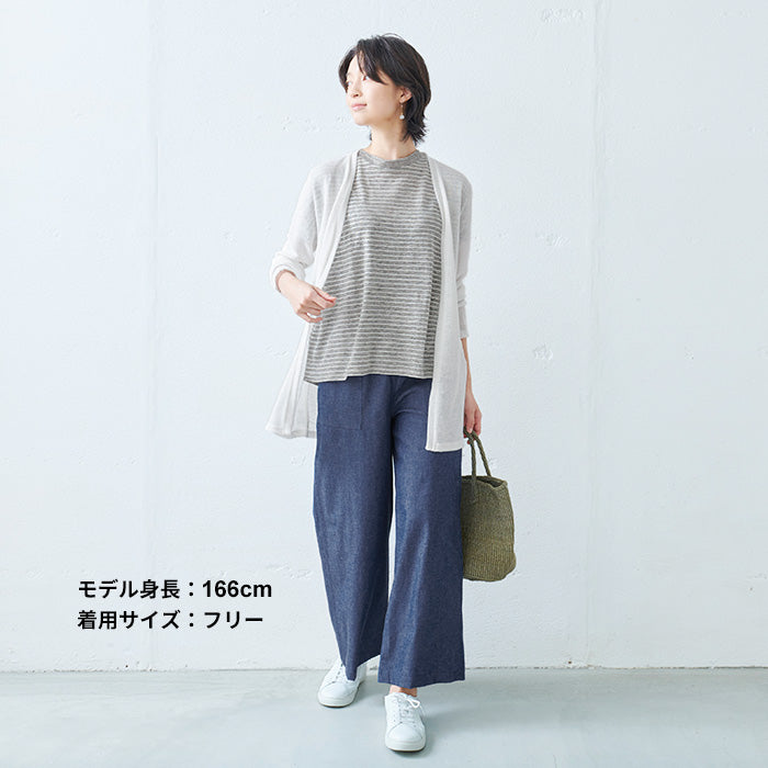 プレミアムリネン100%フレアTシャツ 杢グレー×ホワイト