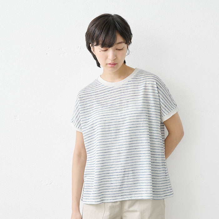 プレミアムリネン100%フレアTシャツ ホワイト×ブルー