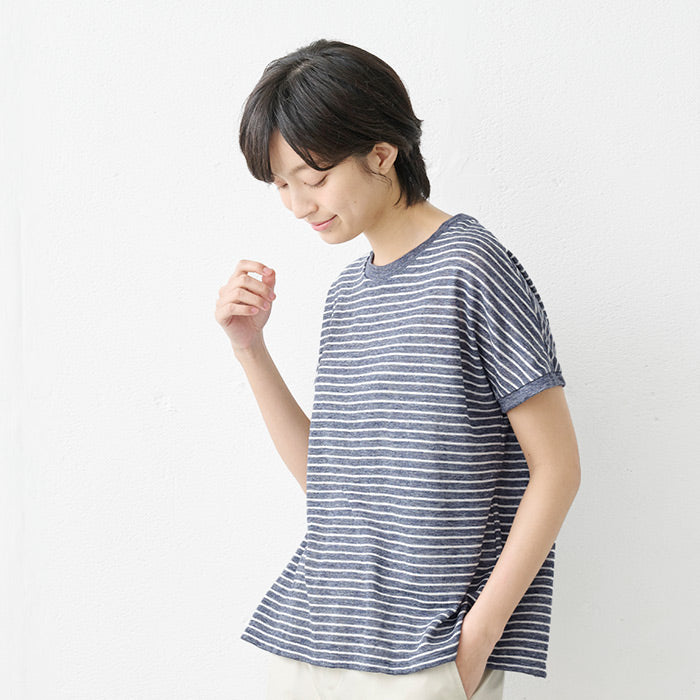 プレミアムリネン100%フレアTシャツ 杢ネイビー×ホワイト