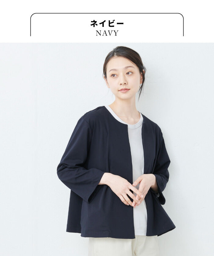 [ジャケットレディースノーカラー]圧縮ウール100%こなれジャケット/日本製40代50代60代女性フォーマルラフ楽紺黒入学式卒業式七五三母ママ仕事オフィスミセスウール大きめゆったりナチュラル冬秋