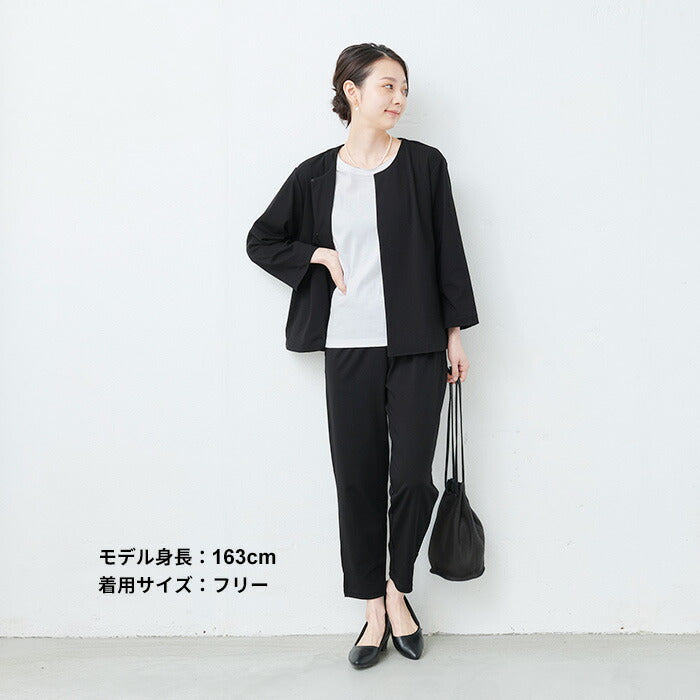 [ジャケットレディースノーカラー]圧縮ウール100%こなれジャケット/日本製40代50代60代女性フォーマルラフ楽紺黒入学式卒業式七五三母ママ仕事オフィスミセスウール大きめゆったりナチュラル冬秋