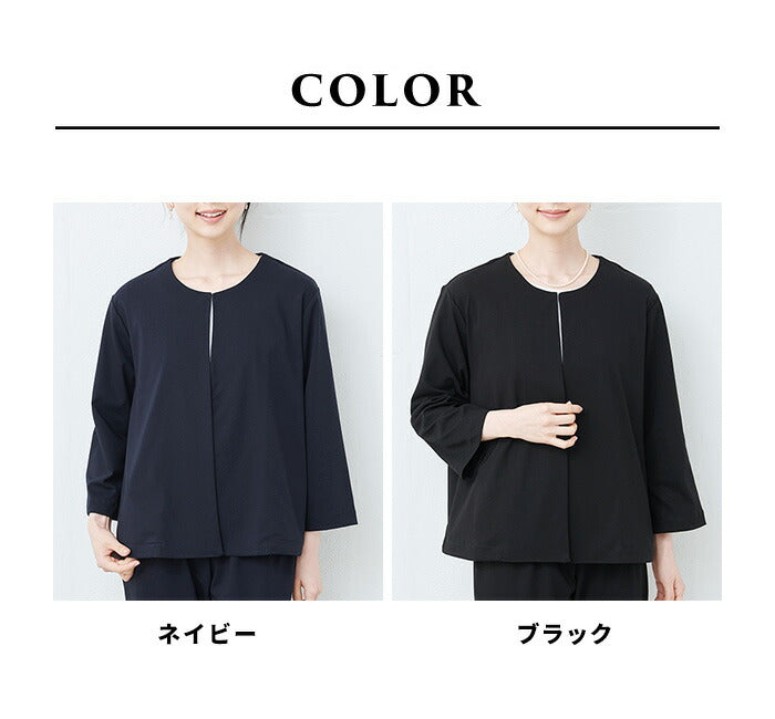 [ジャケットレディースノーカラー]圧縮ウール100%こなれジャケット/日本製40代50代60代女性フォーマルラフ楽紺黒入学式卒業式七五三母ママ仕事オフィスミセスウール大きめゆったりナチュラル冬秋