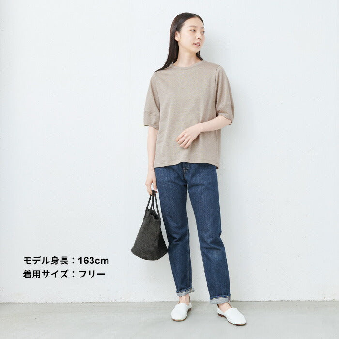 [tシャツレディース半袖ゆったり]プレミアムヘビーリネン100％袖ふんわりTシャツ/日本製メール便40代50代60代30代女性ファッション麻100無地ボリュームスリーブバルーンスリーブ速乾抗菌