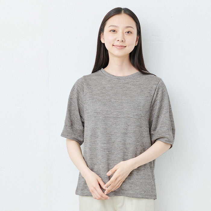 [tシャツレディース半袖ゆったり]プレミアムヘビーリネン100％袖ふんわりTシャツ/日本製メール便40代50代60代30代女性ファッション麻100無地ボリュームスリーブバルーンスリーブ速乾抗菌