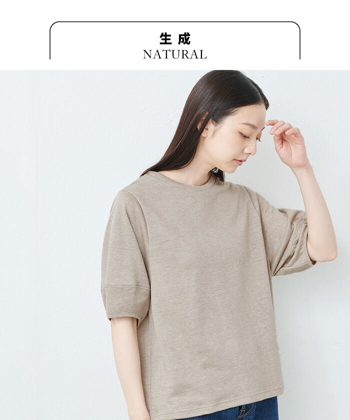 [tシャツレディース半袖ゆったり]プレミアムヘビーリネン100％袖ふんわりTシャツ/日本製メール便40代50代60代30代女性ファッション麻100無地ボリュームスリーブバルーンスリーブ速乾抗菌
