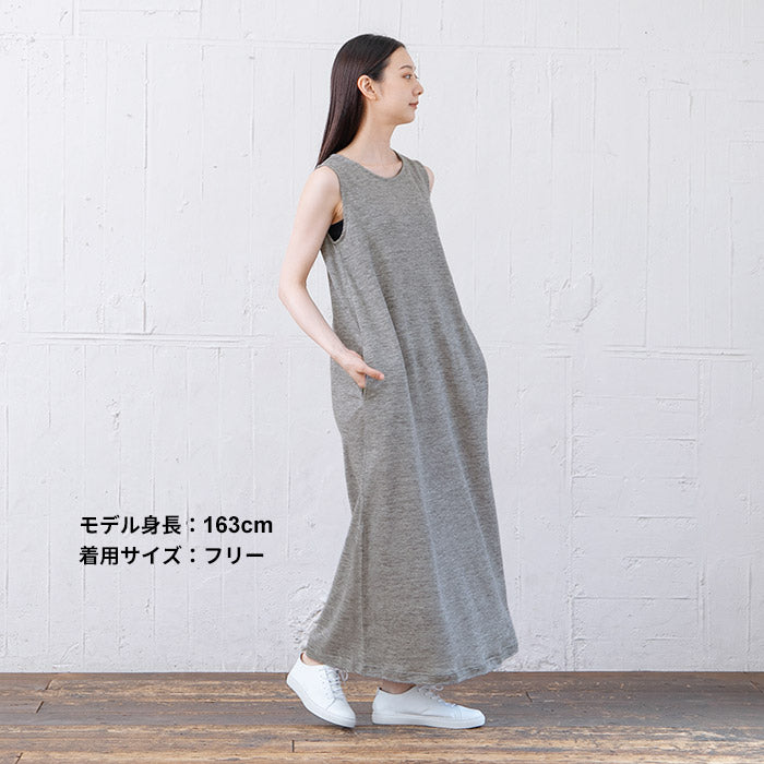[ワンピース夏レディース]プレミアムヘビーリネン100％ノースリーブマキシワンピース/日本製40代50代60代女性きれいめ麻リネンノースリワンピ黒ブラック春秋グレーシンプルナチュラルゆったり半袖