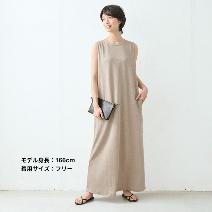 [ワンピース夏レディース]プレミアムヘビーリネン100％ノースリーブマキシワンピース/日本製40代50代60代女性きれいめ麻リネンノースリワンピ黒ブラック春秋グレーシンプルナチュラルゆったり半袖