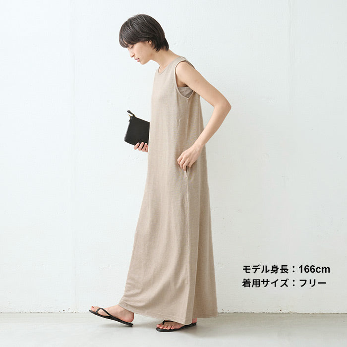[ワンピース夏レディース]プレミアムヘビーリネン100％ノースリーブマキシワンピース/日本製40代50代60代女性きれいめ麻リネンノースリワンピ黒ブラック春秋グレーシンプルナチュラルゆったり半袖