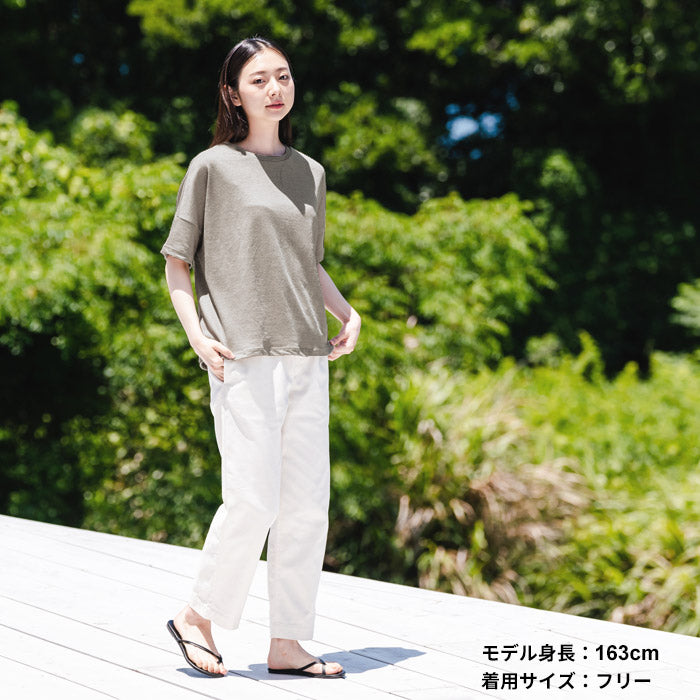 [Tシャツレディース半袖ゆったり]プレミアムヘビーリネン100％ドロップショルダーTシャツ/日本製40代50代60代30代女性リネン麻麻100カジュアル大きいサイズ無地シンプル大人服春夏秋