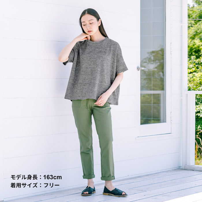 [Tシャツレディース半袖ゆったり]プレミアムヘビーリネン100％ドロップショルダーTシャツ/日本製40代50代60代30代女性リネン麻麻100カジュアル大きいサイズ無地シンプル大人服春夏秋