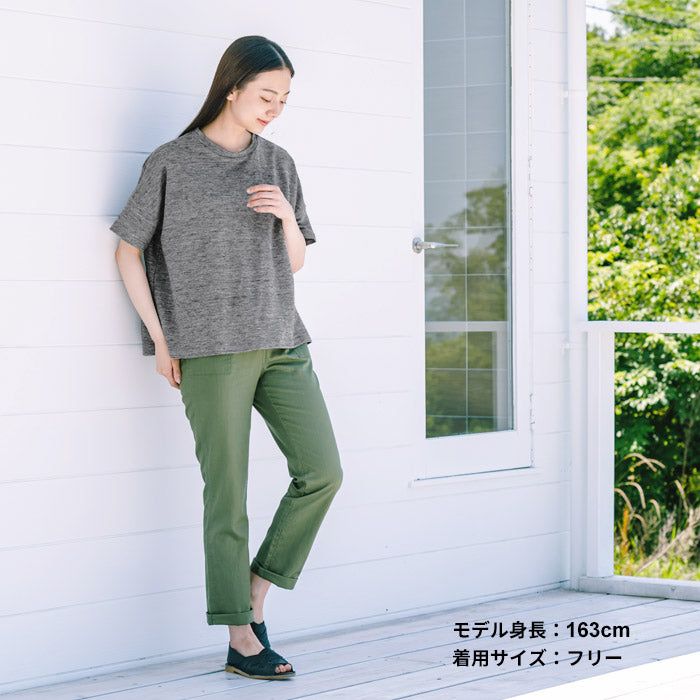 [Tシャツレディース半袖ゆったり]プレミアムヘビーリネン100％ドロップショルダーTシャツ/日本製40代50代60代30代女性リネン麻麻100カジュアル大きいサイズ無地シンプル大人服春夏秋