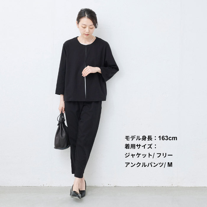 [セットアップレディース40代きれいめおしゃれ着痩せ]しっかり厚手フレンチリネン100％ヘビーキャンバスモックネック+アンクルパンツセット/日本製50代60代30代女性ファッションリネンブラウスシャツ麻100