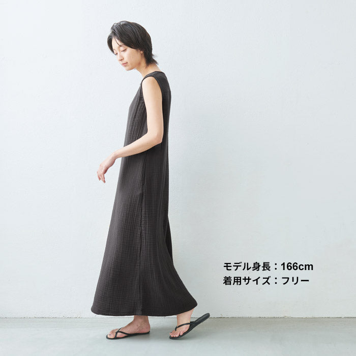 [ワンピース夏レディースノースリーブ]やわらかコットン100%六重ガーゼワンピース/日本製30代40代50代60代女性きれいめ綿コットンガーゼノースリワンピマキシ丈マキシ春黒シンプルナチュラルゆったりルームウェア