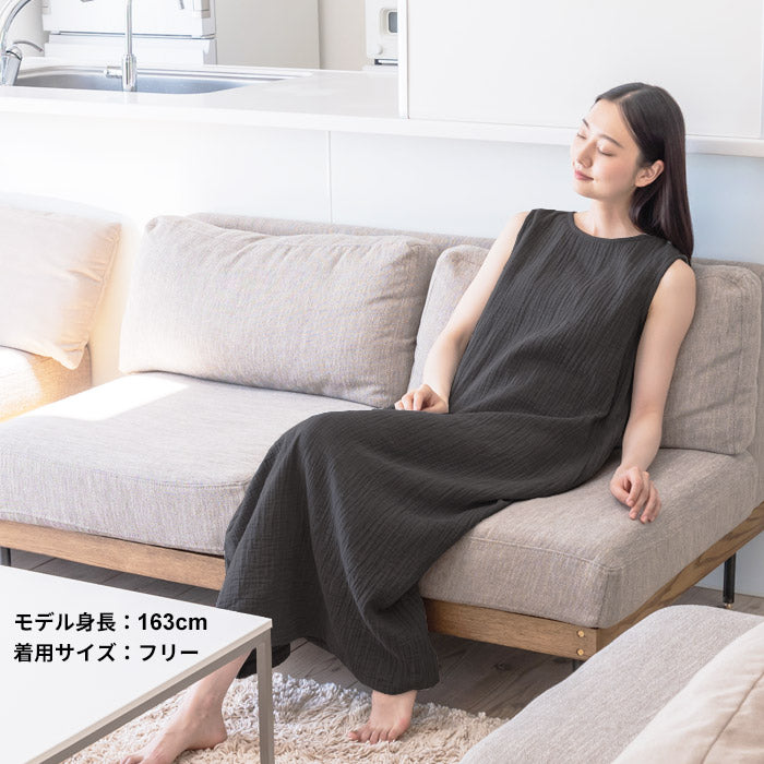 [ワンピース夏レディースノースリーブ]やわらかコットン100%六重ガーゼワンピース/日本製30代40代50代60代女性きれいめ綿コットンガーゼノースリワンピマキシ丈マキシ春黒シンプルナチュラルゆったりルームウェア