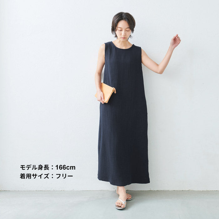 [ワンピース夏レディースノースリーブ]やわらかコットン100%六重ガーゼワンピース/日本製30代40代50代60代女性きれいめ綿コットンガーゼノースリワンピマキシ丈マキシ春黒シンプルナチュラルゆったりルームウェア