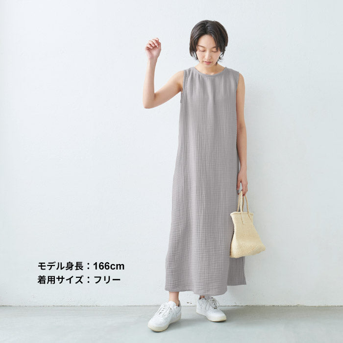 [ワンピース夏レディースノースリーブ]やわらかコットン100%六重ガーゼワンピース/日本製30代40代50代60代女性きれいめ綿コットンガーゼノースリワンピマキシ丈マキシ春黒シンプルナチュラルゆったりルームウェア