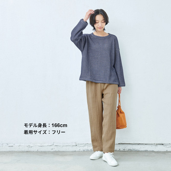 [薄手トレーナーレディース]ツートーンカラーワッフルトレーナー/日本製40代50代60代30代女性ファッションゆったりワッフルtシャツ長袖綿コットンカジュアルサーマルシンプル大人服春秋冬