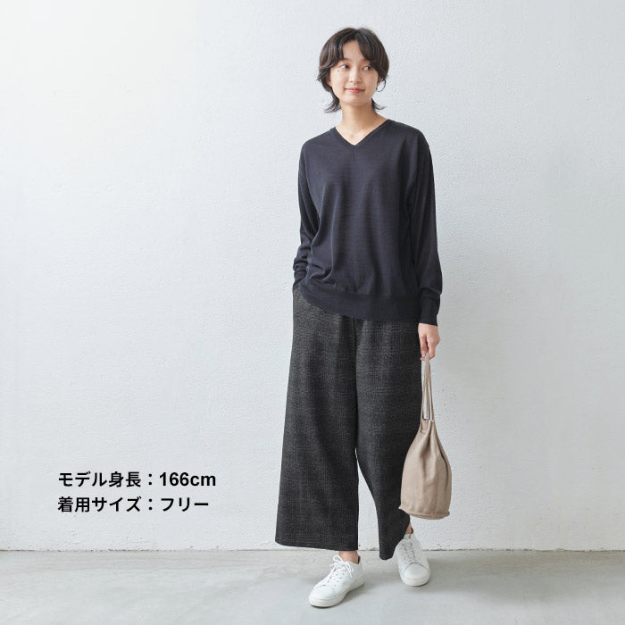 [ウールパンツレディースワイドパンツ]ウール360度ストレッチセミワイドアンクルパンツ/日本製40代50代60代30代女性ウエストゴムウール混毛きれいめ暖か秋冬チェックチャコールネイビーブラック