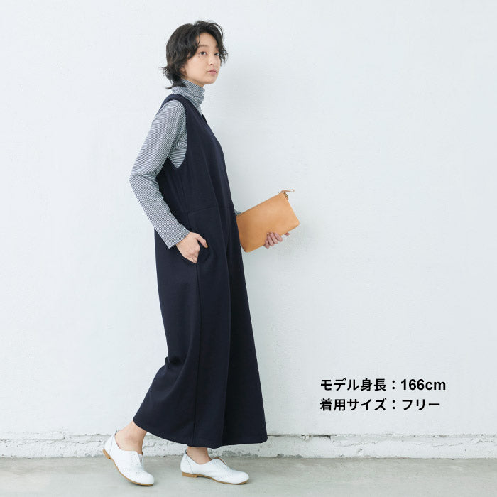 [サロペットパンツレディース]圧縮ウール100％サロペット/日本製40代50代30代女性オールインワンオーバーオール上品きれいめ大人ラフ紺黒つなぎVネックワイドウール大きめゆったりナチュラル冬秋すっきり楽