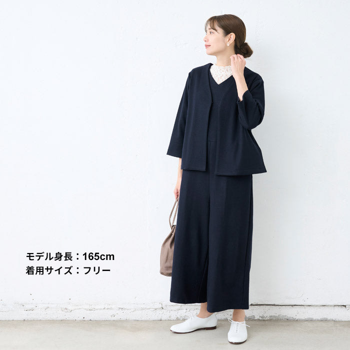 [サロペットパンツレディース]圧縮ウール100％サロペット/日本製40代50代30代女性オールインワンオーバーオール上品きれいめ大人ラフ紺黒つなぎVネックワイドウール大きめゆったりナチュラル冬秋すっきり楽