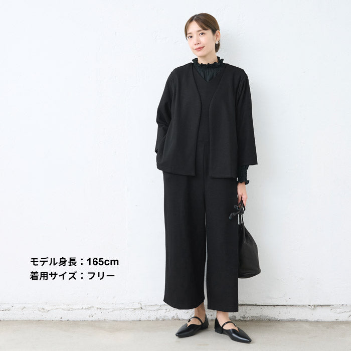 [サロペットパンツレディース]圧縮ウール100％サロペット/日本製40代50代30代女性オールインワンオーバーオール上品きれいめ大人ラフ紺黒つなぎVネックワイドウール大きめゆったりナチュラル冬秋すっきり楽