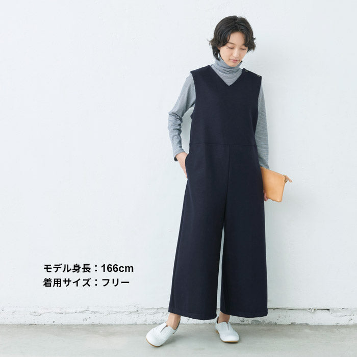 [サロペットパンツレディース]圧縮ウール100％サロペット/日本製40代50代30代女性オールインワンオーバーオール上品きれいめ大人ラフ紺黒つなぎVネックワイドウール大きめゆったりナチュラル冬秋すっきり楽