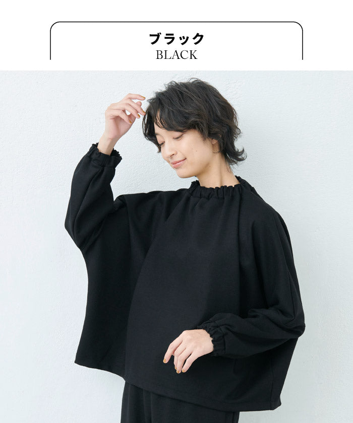 [フォーマルトップスレディース]圧縮ウール100％ギャザープルオーバー/日本製40代50代30代女性ラフ楽紺黒七五三母ママ仕事オフィスミセスウール大きめゆったりナチュラル冬秋すっきり入学式卒業式ふんわりブラウス