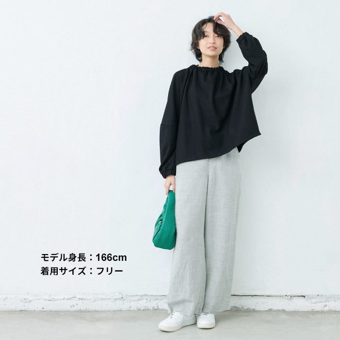 [フォーマルトップスレディース]圧縮ウール100％ギャザープルオーバー/日本製40代50代30代女性ラフ楽紺黒七五三母ママ仕事オフィスミセスウール大きめゆったりナチュラル冬秋すっきり入学式卒業式ふんわりブラウス