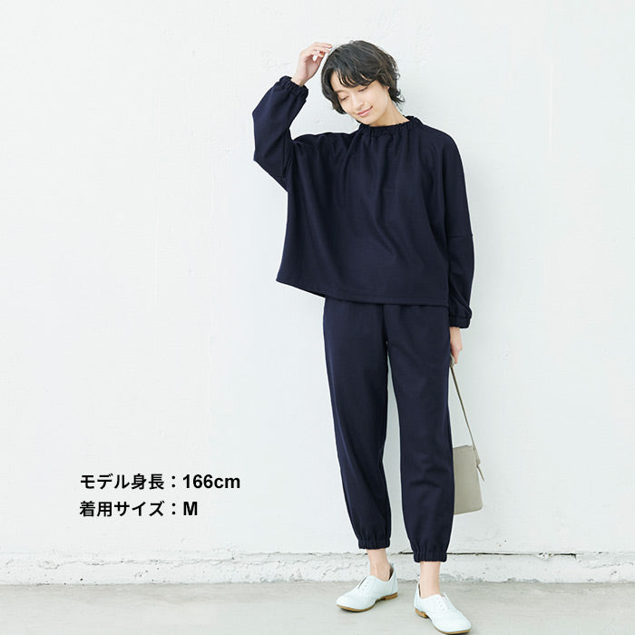 [ジョガーパンツレディースキレイめ秋冬]圧縮ウール100％裾ギャザーパンツ/日本製40代50代60代30代女性ファッションウエストゴムウール100％毛100暖かゆったりカジュアル