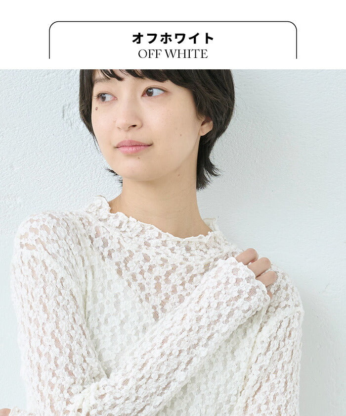 [フォーマルトップスレディース]オーガニックコットンレースプルオーバー/日本製40代50代30代女性ラフオフィスミセスブラウスナチュラル入学式卒業式薄手長袖インナーシアーシースルーハイネック花柄シンプル