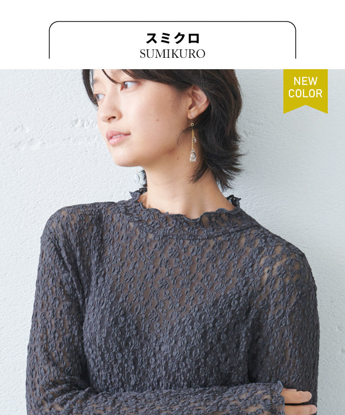 [フォーマルトップスレディース]オーガニックコットンレースプルオーバー/日本製40代50代30代女性ラフオフィスミセスブラウスナチュラル入学式卒業式薄手長袖インナーシアーシースルーハイネック花柄シンプル