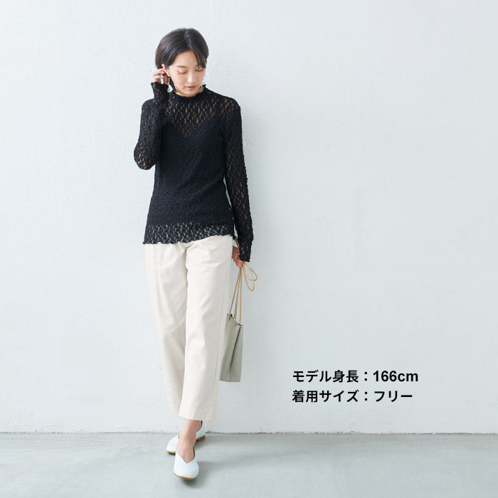 [フォーマルトップスレディース]オーガニックコットンレースプルオーバー/日本製40代50代30代女性ラフオフィスミセスブラウスナチュラル入学式卒業式薄手長袖インナーシアーシースルーハイネック花柄シンプル