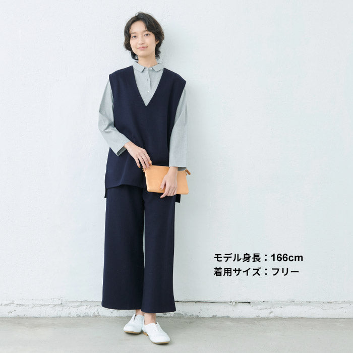 [レディース秋冬ベスト]圧縮ウール100%ベスト/日本製40代50代30代女性ラフ楽紺黒Vネックシンプル仕事オフィスミセスウール大きめゆったりナチュラル冬秋すっきり上質
