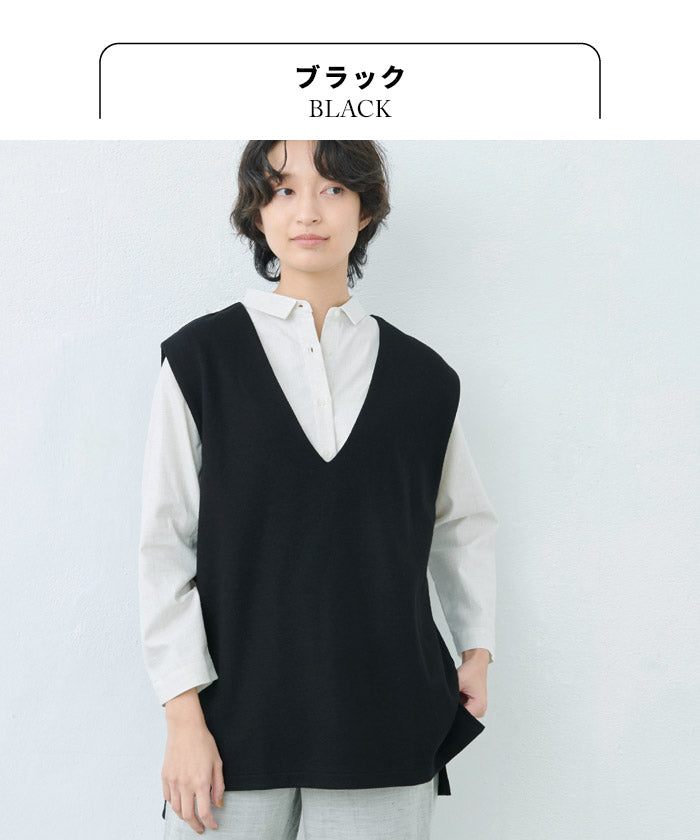 [レディース秋冬ベスト]圧縮ウール100%ベスト/日本製40代50代30代女性ラフ楽紺黒Vネックシンプル仕事オフィスミセスウール大きめゆったりナチュラル冬秋すっきり上質