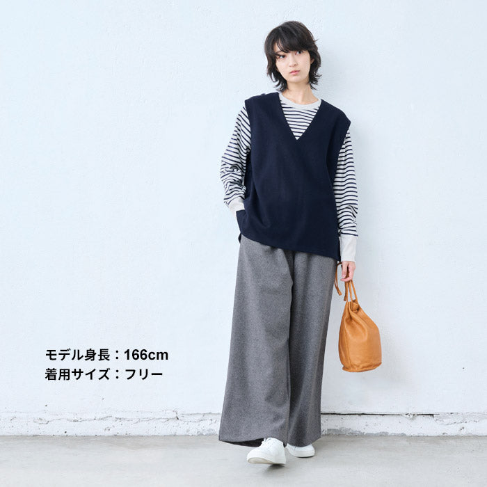 [レディース秋冬ベスト]圧縮ウール100%ベスト/日本製40代50代30代女性ラフ楽紺黒Vネックシンプル仕事オフィスミセスウール大きめゆったりナチュラル冬秋すっきり上質