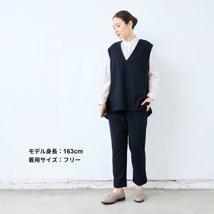 [レディース秋冬ベスト]圧縮ウール100%ベスト/日本製40代50代30代女性ラフ楽紺黒Vネックシンプル仕事オフィスミセスウール大きめゆったりナチュラル冬秋すっきり上質