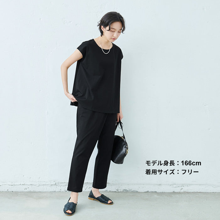 [ストレッチパンツレディースラップパンツ]強撚糸コットン100%ラップ風パンツ/日本製40代50代60代30代女性ファッションウエストゴム綿100%アンクルパンツすっきり上品大人接触冷感紺黒