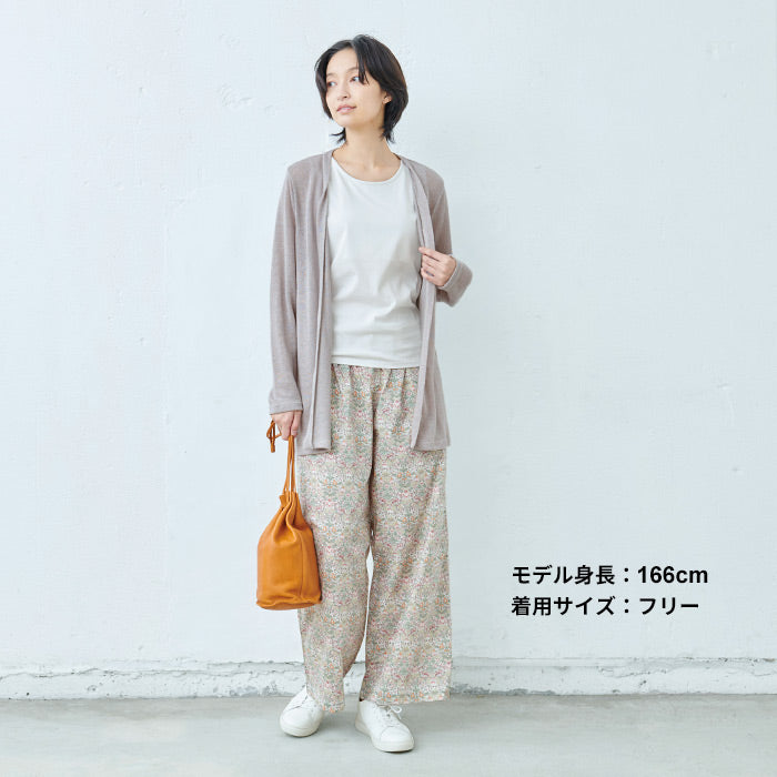 リバティプリントワイドパンツ グリーン×ピンク系(Strawberry Thief Spring)